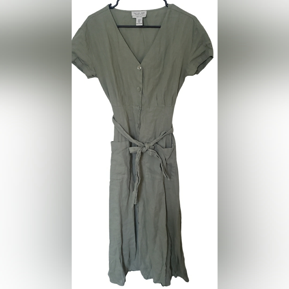 Rachel Zoe Olive Green Linen Maxi Dress XS Button Belt Short Sleeve Modest Cotta